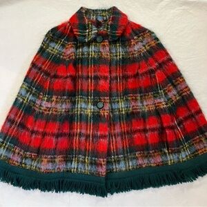 Vintage Multicolor Plaid Cape with Fringe